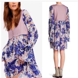 Free People lilac blue floral vest loose fit tent dress 90’s style